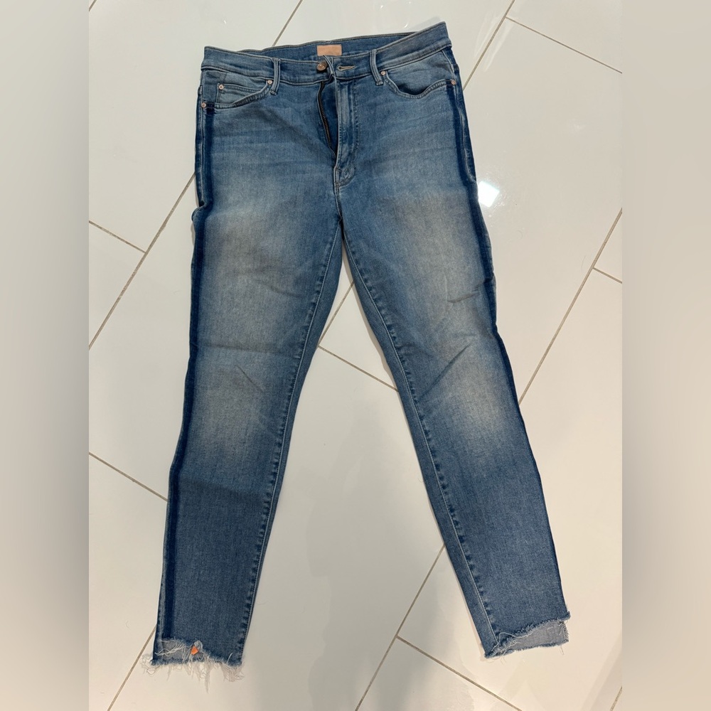 Mother Stunner Zip Ankle Step Fray Skinny Jeans Size 30 Light Wash Raw He
